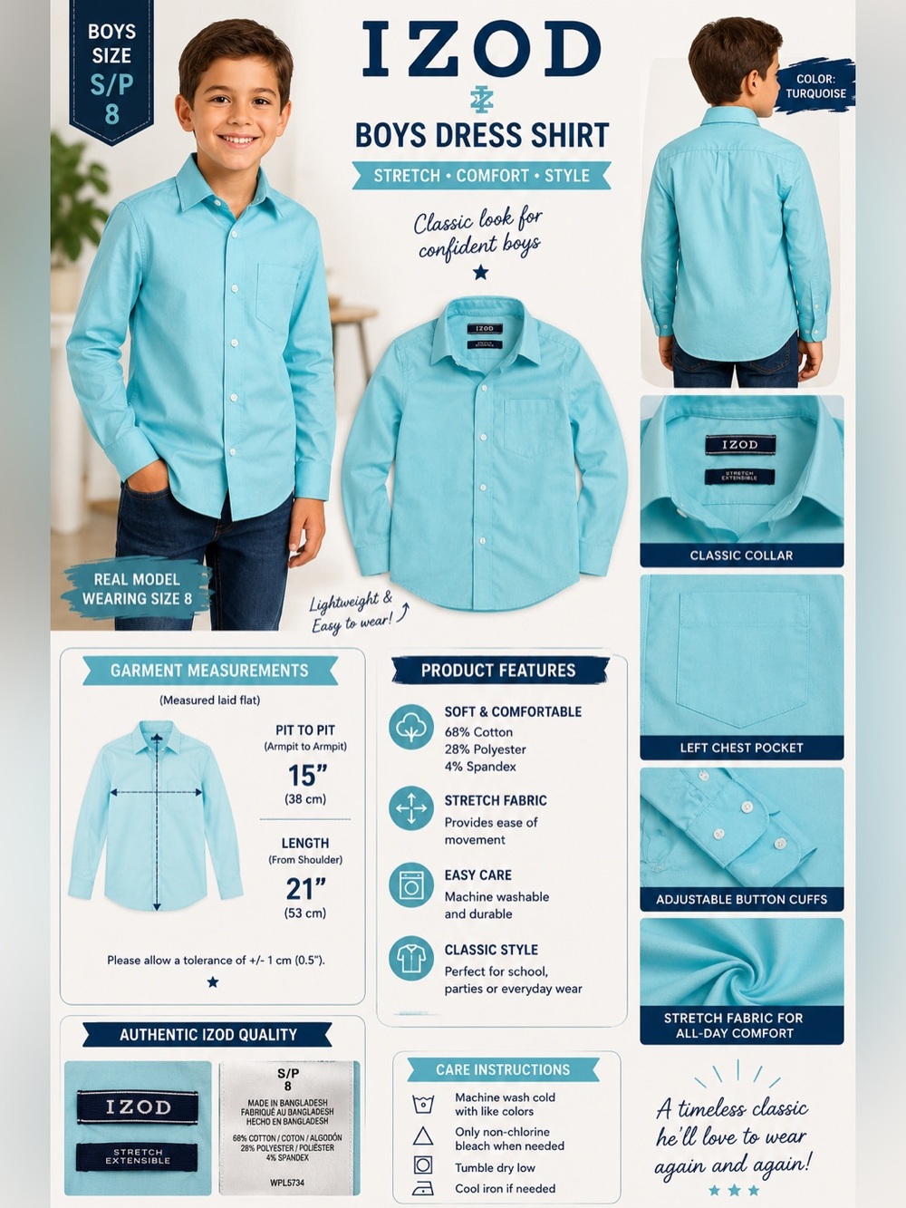 IZOD Boys Size 8 S/P Turquoise Stretch Long Sleeve Dress Shirt Cotton Blend